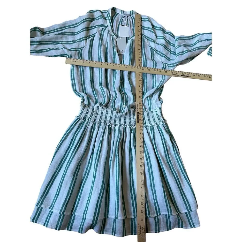 NEW RAILS Jasmine Dress Size L Green White Linen Blend Mini Long Sleeve - Picture 6 of 12